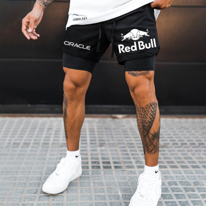 Men's Red Bull Logo Print Double Layer Sports Shorts-Unitsen