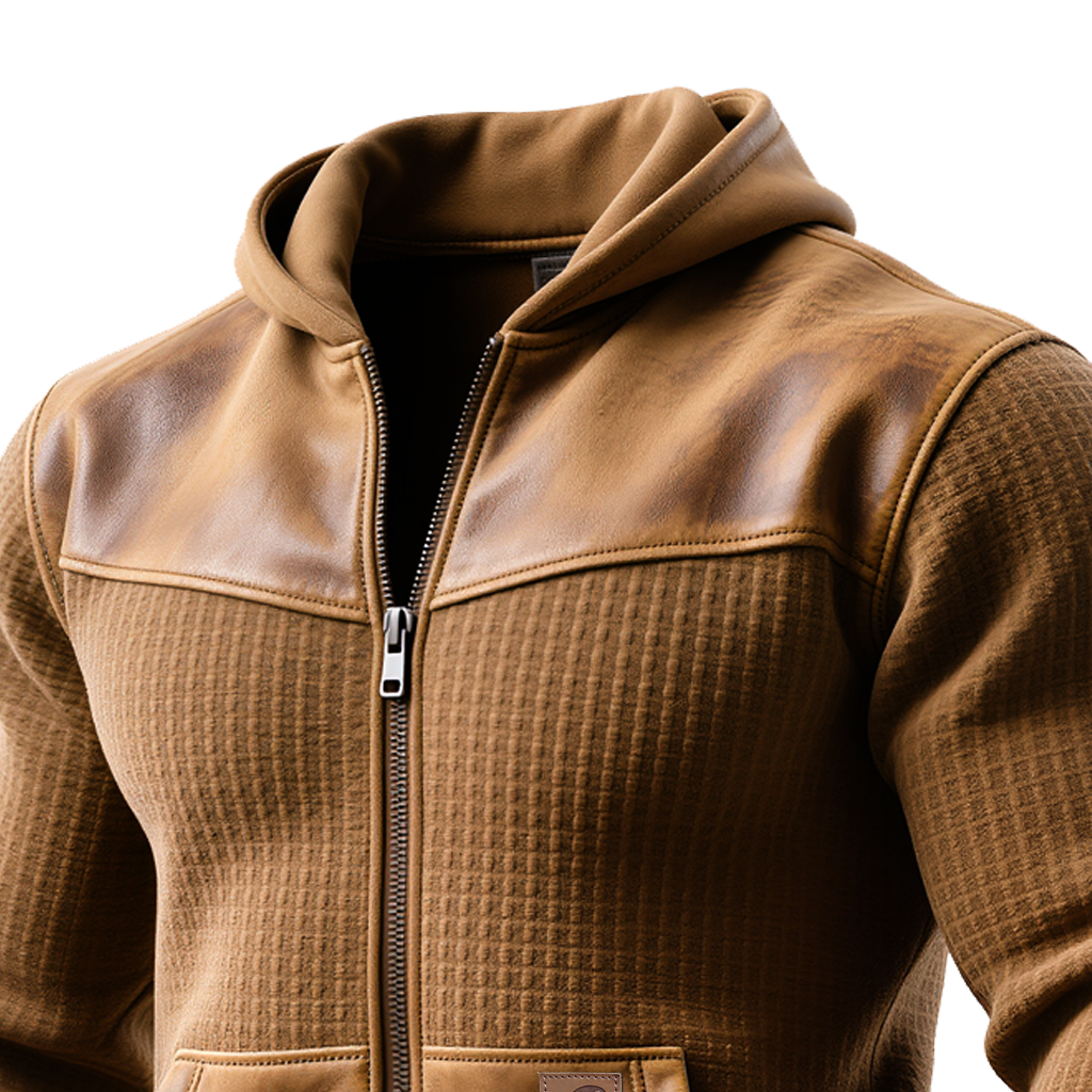 Waffle Patchwork Leather Brown Hooded Jacket-Unitsen