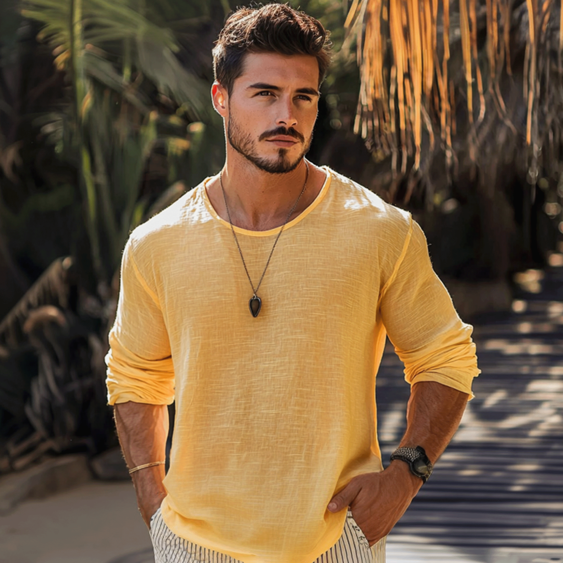 Men's Basic Plain Breathable Linen Long Sleeve Shirt-Unitsen