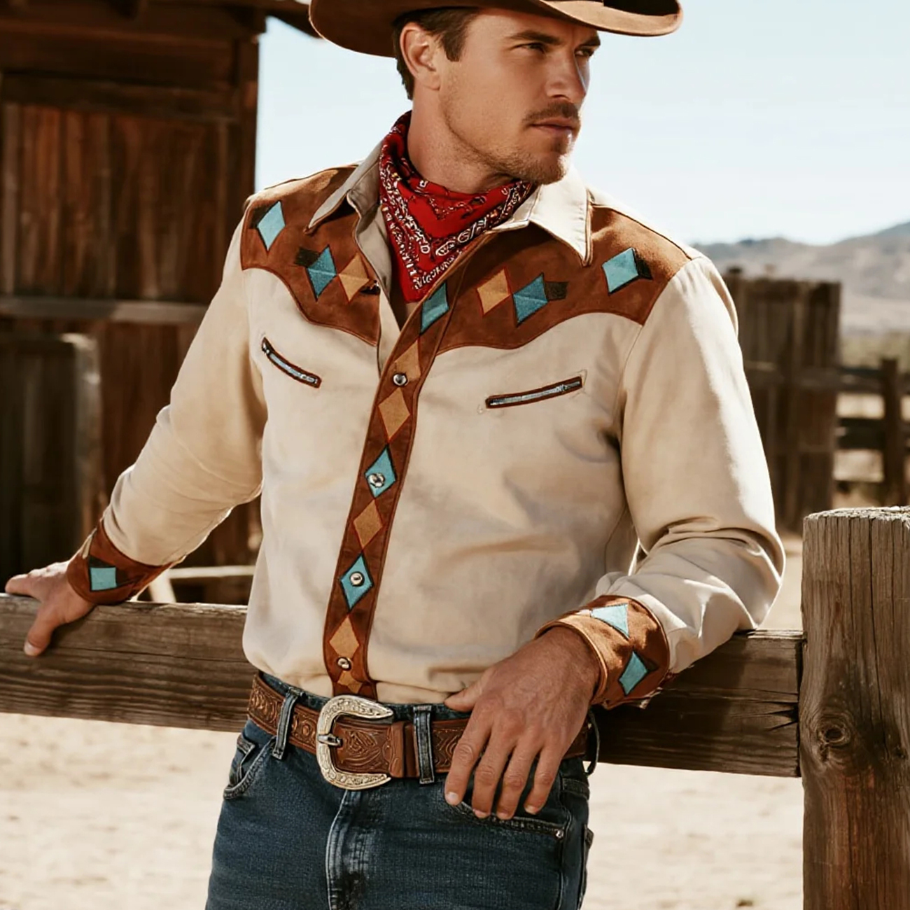 Retro Western Cowboy Style Contrast Color Suede Long Sleeve Top-Unitsen