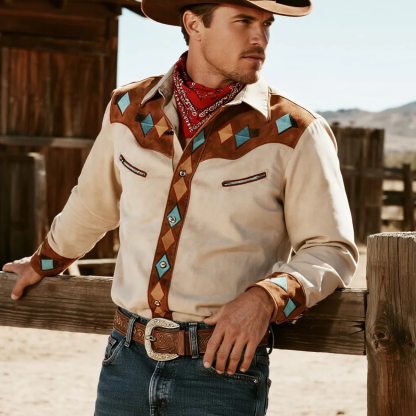 Retro Western Cowboy Style Contrast Color Suede Long Sleeve Top-Unitsen