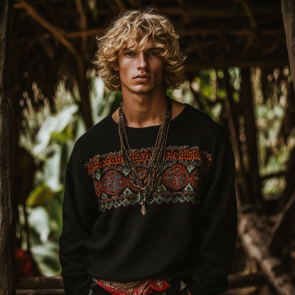 Men's Bohemian Holiday Style Vintage Linen Printed Casual Long Sleeve Top-Unitsen