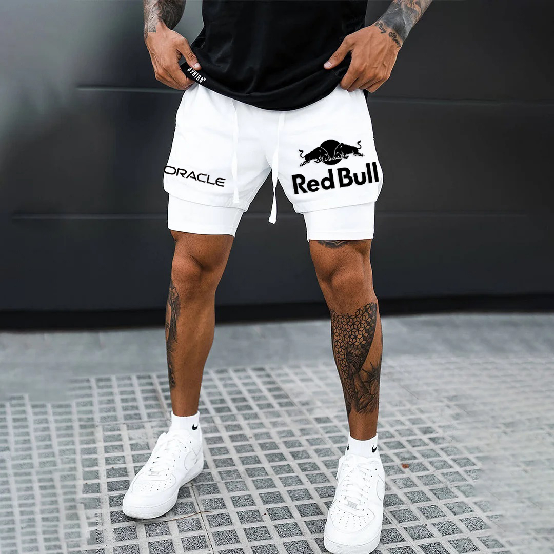 Men's Red Bull Logo Print Double Layer Sports White Shorts-Unitsen