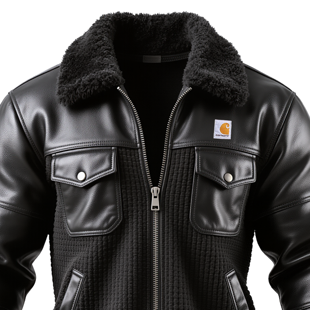 Black Waffle-patterned Stitched Leather Jacket-Unitsen