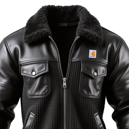 Black Waffle-patterned Stitched Leather Jacket-Unitsen