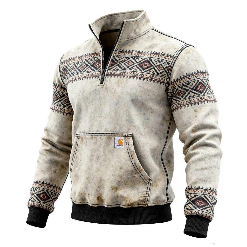 Vintage-Inspired Quarter-Zip Pullover With Ethnic Patterns For Outdoor Adventures-Unitsen