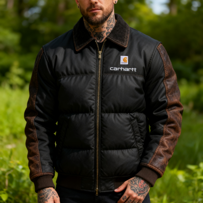 Leather Quilted Bomber Thick And Warm Cotton With Contrast Sleeves For Ultimate Warmth And Style-Unitsen