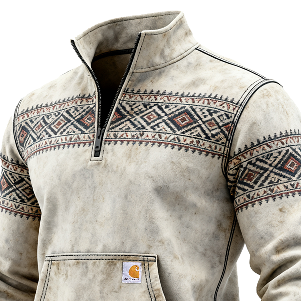 Vintage-Inspired Quarter-Zip Pullover With Ethnic Patterns For Outdoor Adventures-Unitsen