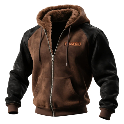 Men's Retro Casual Suede Fur Collar Hooded Zipper Cardigan-Unitsen