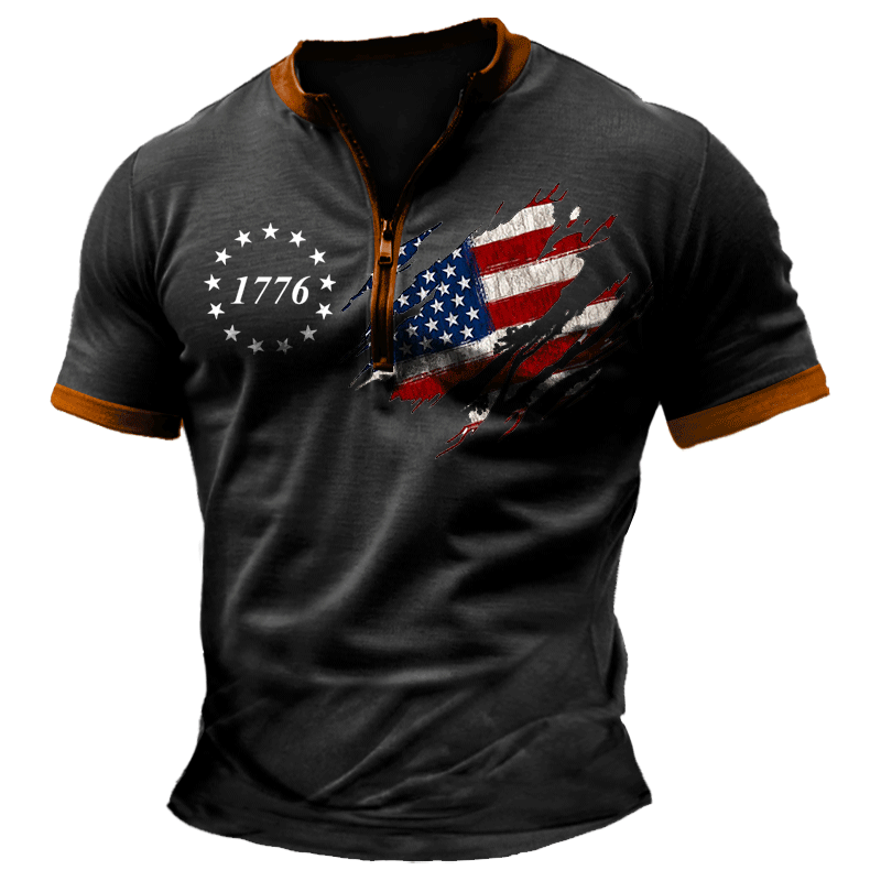 Men's Vintage American 1776 Patriotic Print Zipper Daily Short Sleeve T-Shirt-Unitsen