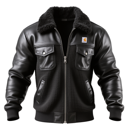 Black Waffle-patterned Stitched Leather Jacket-Unitsen