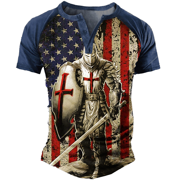 American Flag Templar Jesus Cross Vintage Print Henley T-Shirt-Unitsen