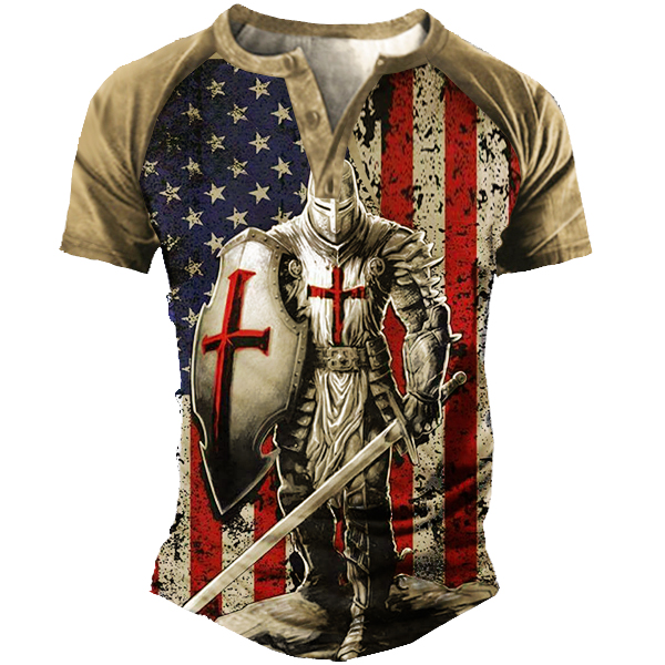 American Flag Templar Jesus Cross Vintage Print Henley T-Shirt-Unitsen