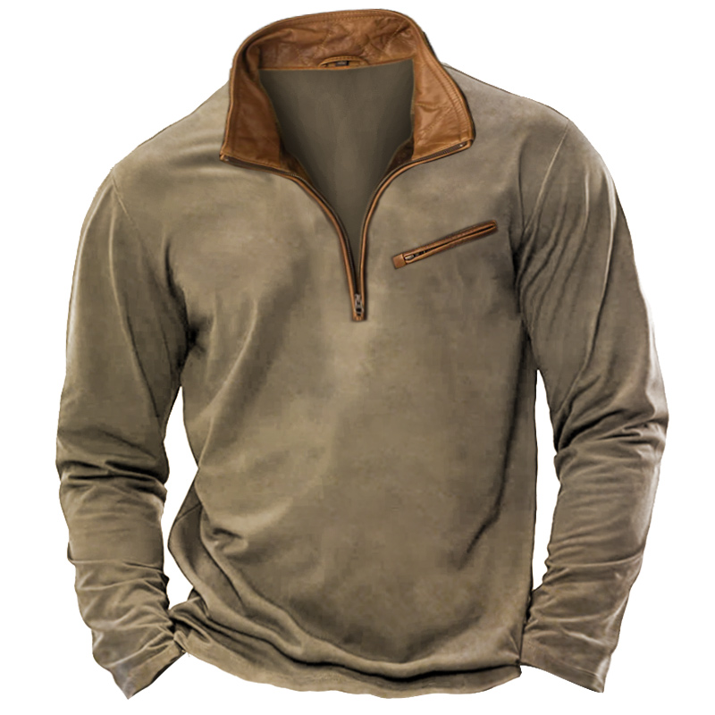 Men's T-Shirt 1/4 Zip Leather Lapel Long Sleeve Vintage Pocket Everyday Pullover-Unitsen