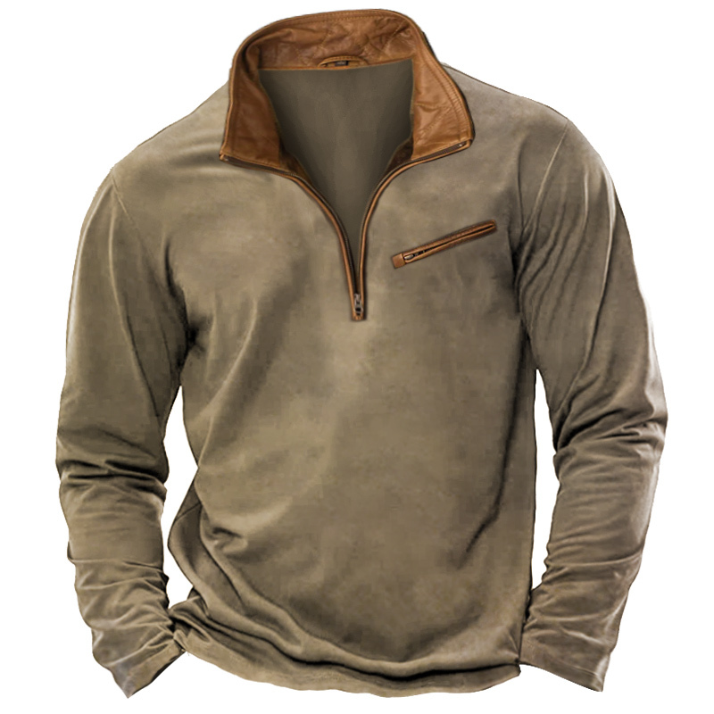 Men's T-Shirt 1/4 Zip Leather Lapel Long Sleeve Vintage Pocket Everyday Pullover-Unitsen