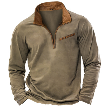 Men's T-Shirt 1/4 Zip Leather Lapel Long Sleeve Vintage Pocket Everyday Pullover-Unitsen