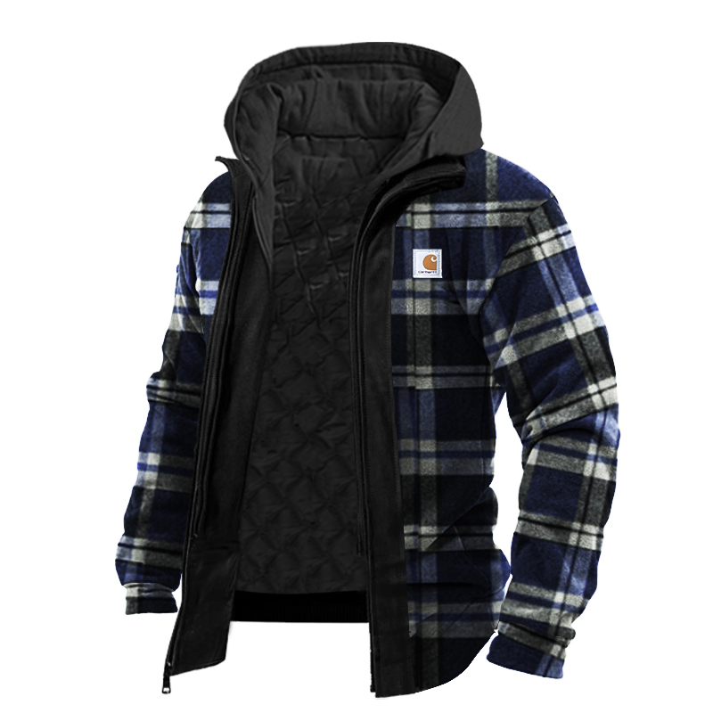 Men's Outdoor Casual Autumn And Winter Logo Classic Plaid Hooded Jacket-Unitsen