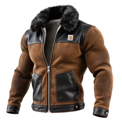 Men's Brown Leather And Faux Fur Trimmed Jacket-Unitsen