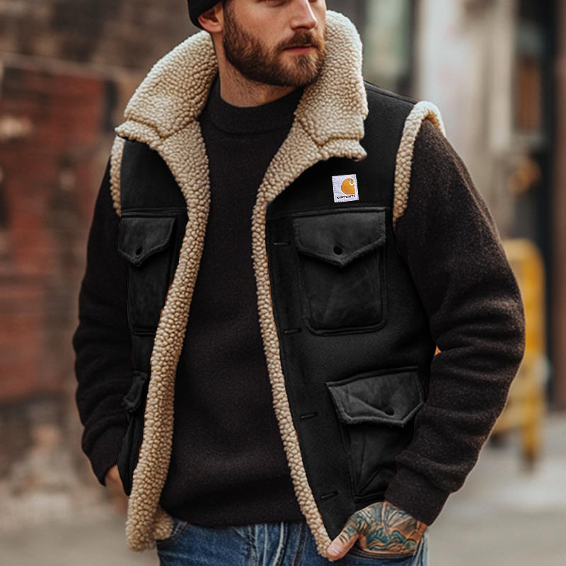 Men's Outdoor Vintage Lamb Wool Splicing Suede Vest Jacket-Unitsen