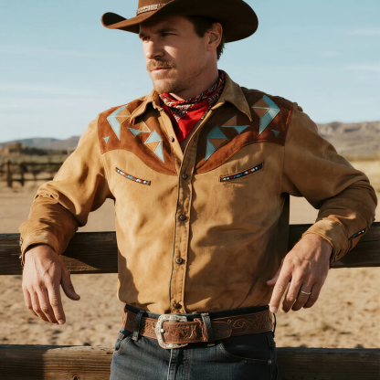 Retro Western Cowboy Style Contrast Color Suede Long Sleeve Top-Unitsen