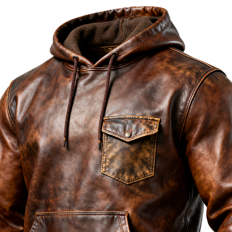 Vintage Brown Leather Hoodie With Pockets-Unitsen