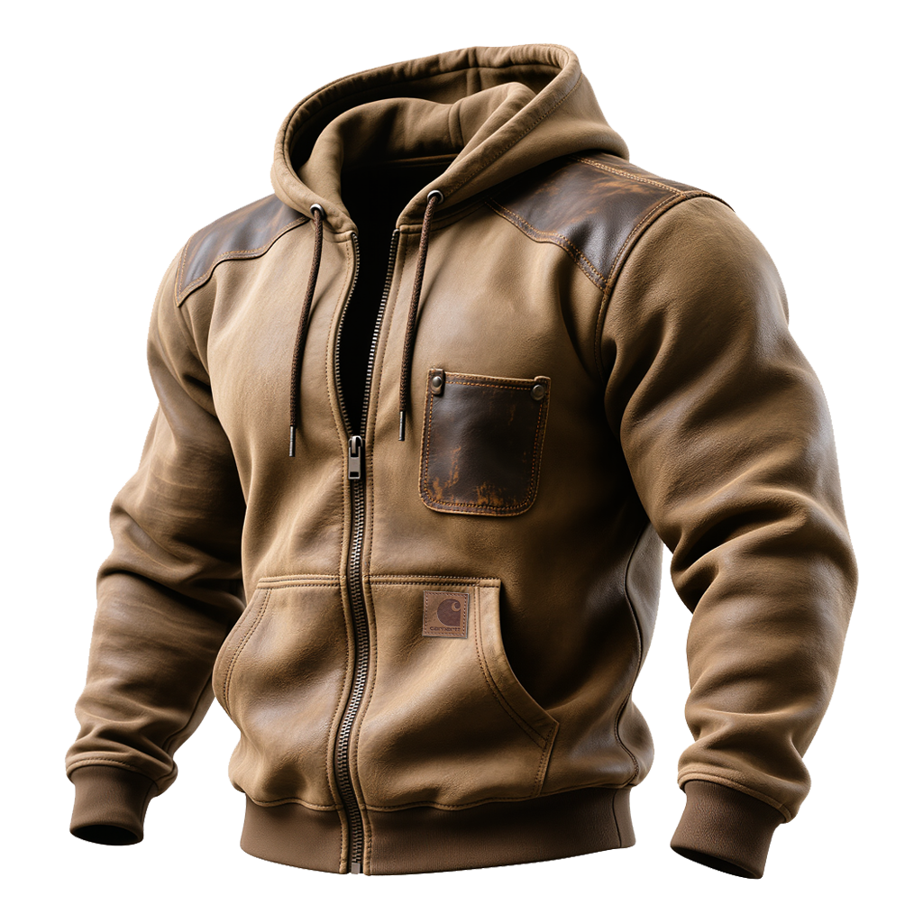 Brown Leather-Trimmed Zipper Hooded Jacket-Unitsen