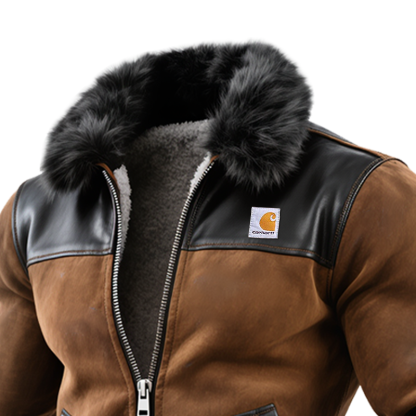 Men's Brown Leather And Faux Fur Trimmed Jacket-Unitsen