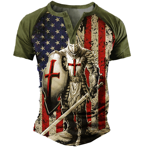 American Flag Templar Jesus Cross Vintage Print Henley T-Shirt-Unitsen