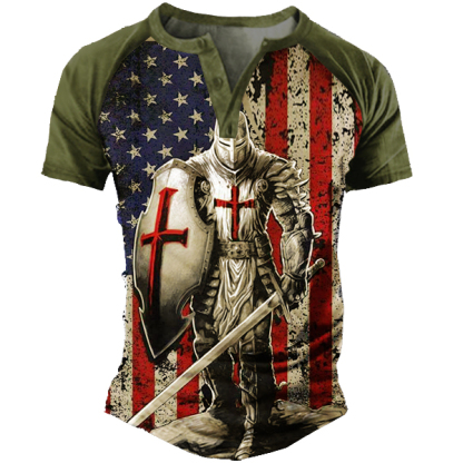 American Flag Templar Jesus Cross Vintage Print Henley T-Shirt-Unitsen