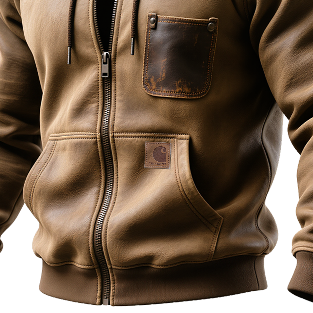 Brown Leather-Trimmed Zipper Hooded Jacket-Unitsen