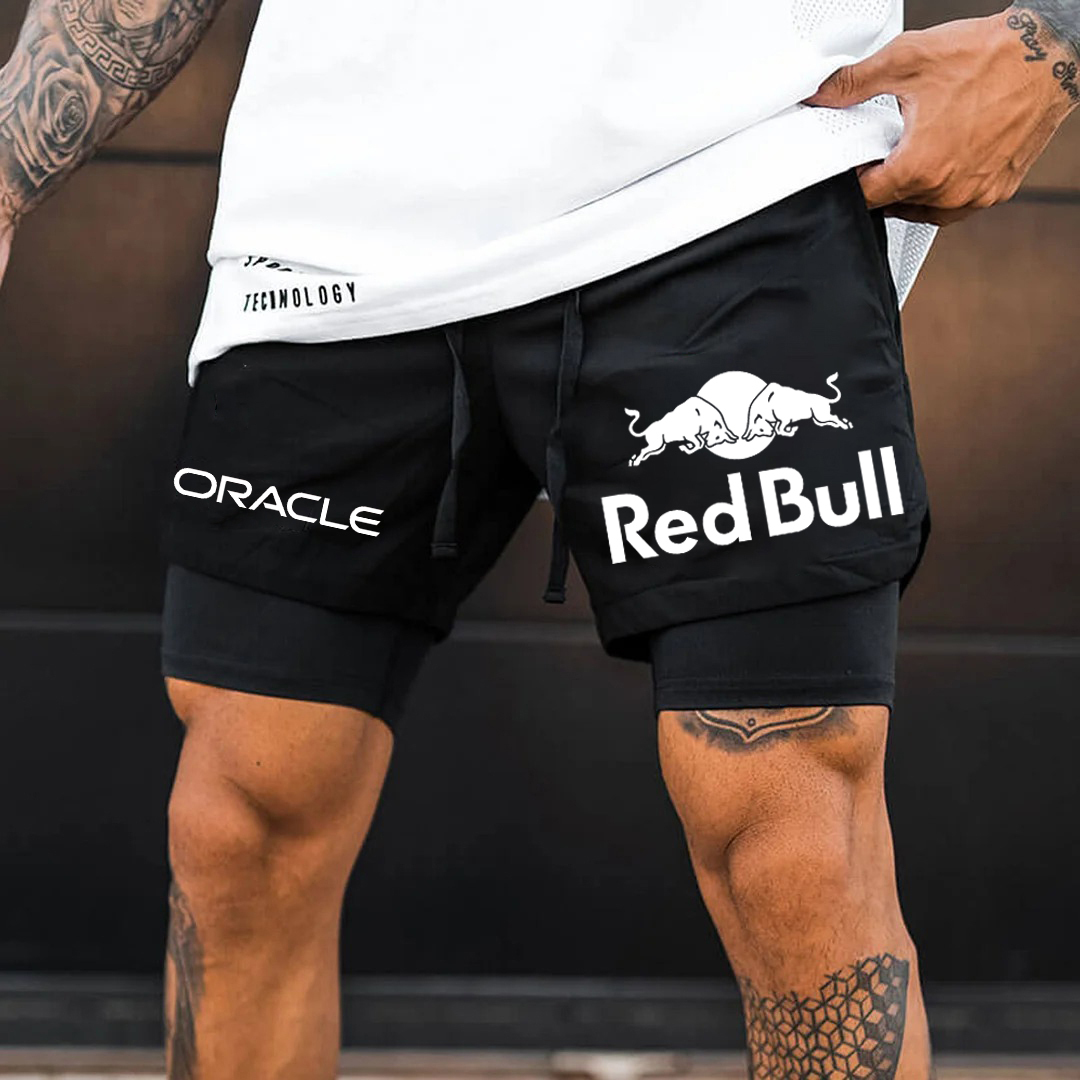 Men's Red Bull Logo Print Double Layer Sports Shorts-Unitsen