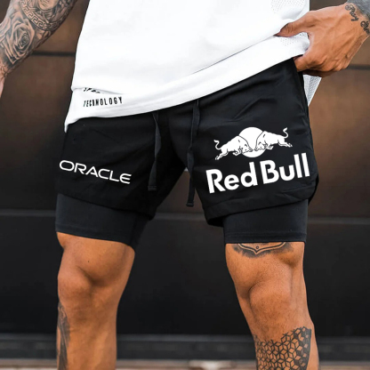 Men's Red Bull Logo Print Double Layer Sports Shorts-Unitsen