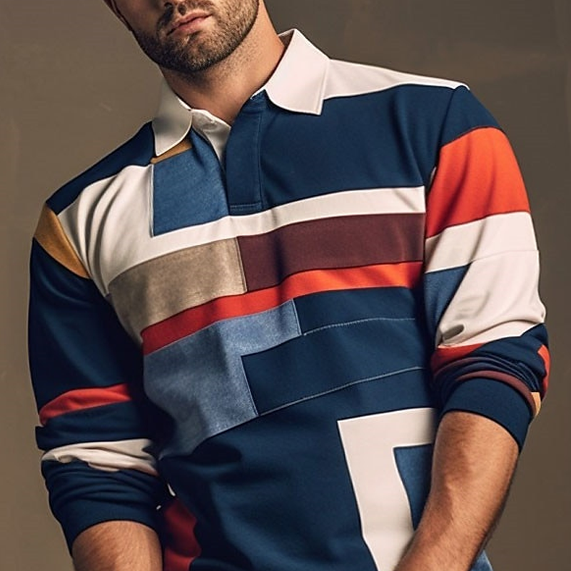 Stylish Color Block Long Sleeve Polo Shirt For Men - Perfect For Casual And Sporty Looks-Unitsen