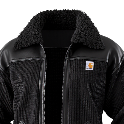 Black Quilted Jacket With Faux Leather And Sherpa Collar-Unitsen