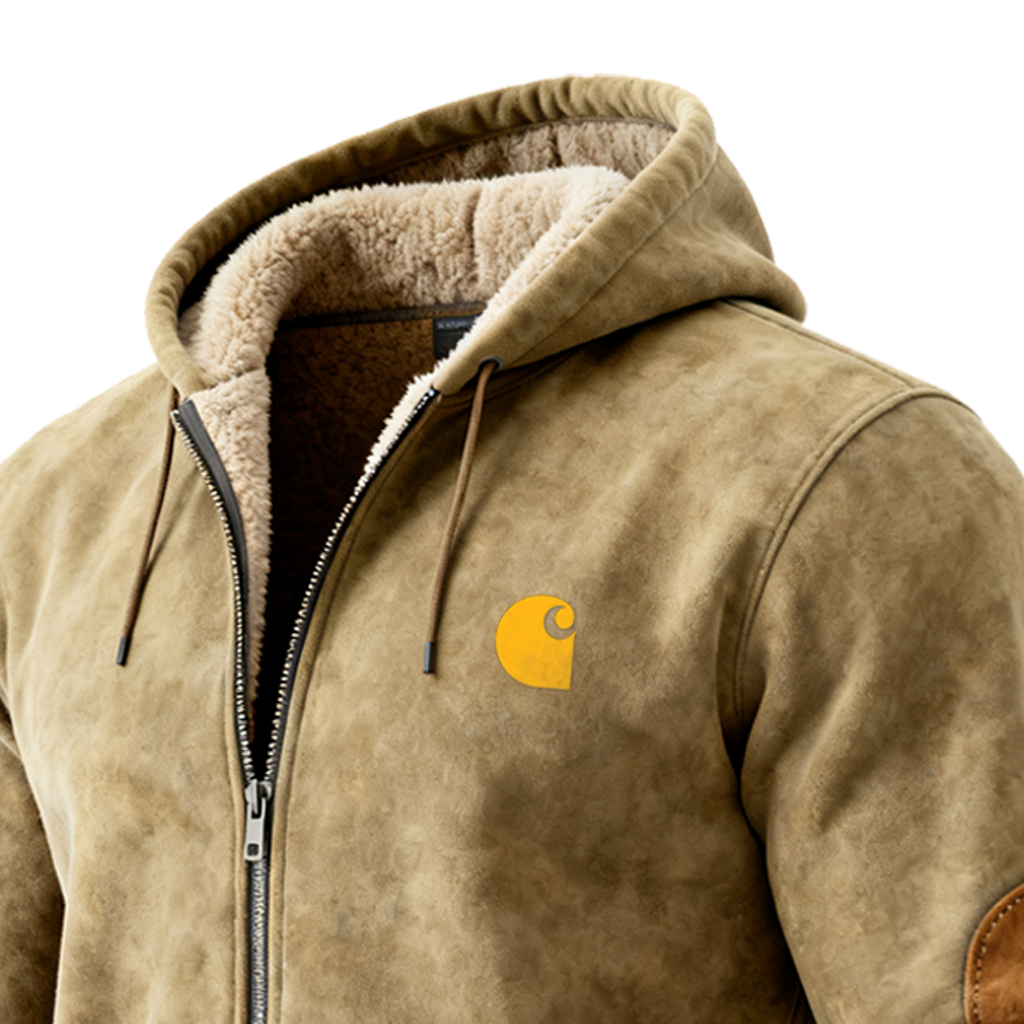 Men's Suede Splicing Zipper Cozy Hooded Sweatshirt With Reinforced Elbows For Winter Wear-Unitsen