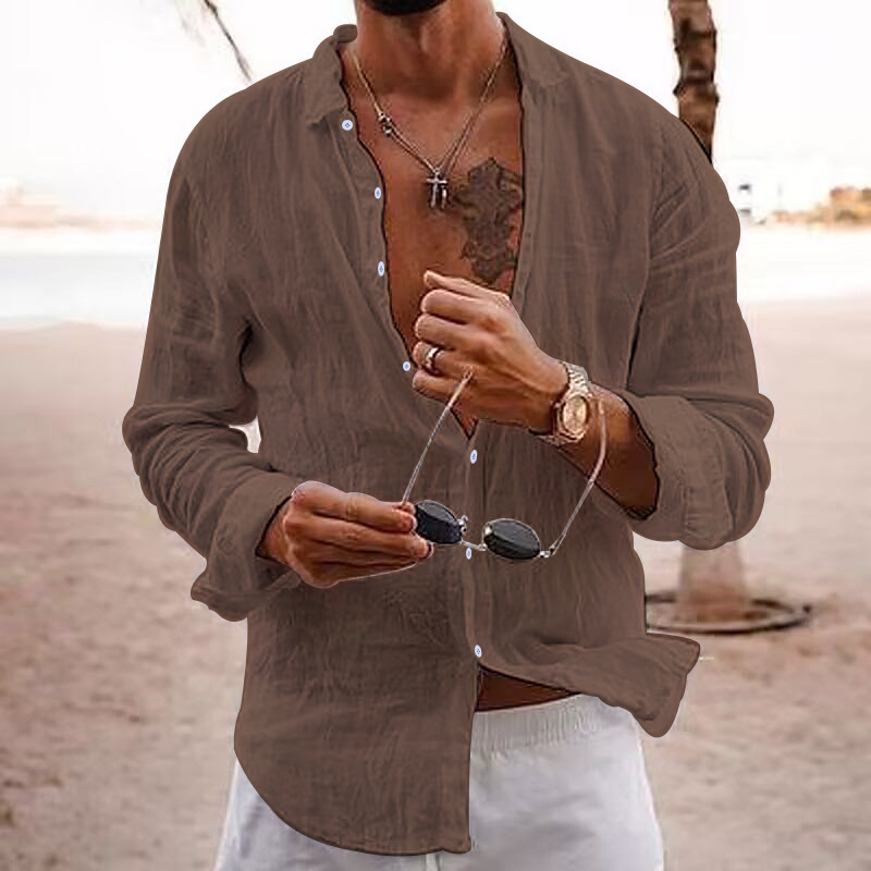 Men's Solid Color Lapel Casual Long Sleeve Cotton Linen Shirt-Unitsen