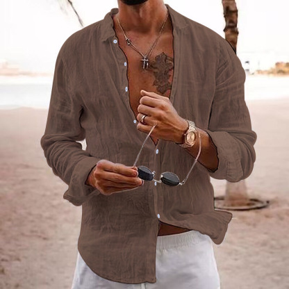 Men's Solid Color Lapel Casual Long Sleeve Cotton Linen Shirt-Unitsen
