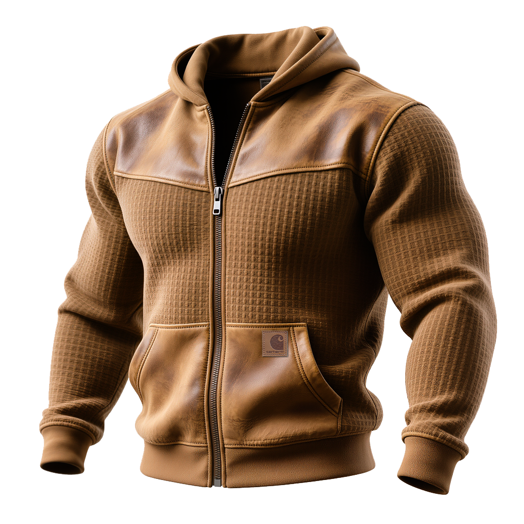 Waffle Patchwork Leather Brown Hooded Jacket-Unitsen