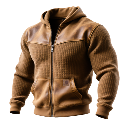 Waffle Patchwork Leather Brown Hooded Jacket-Unitsen