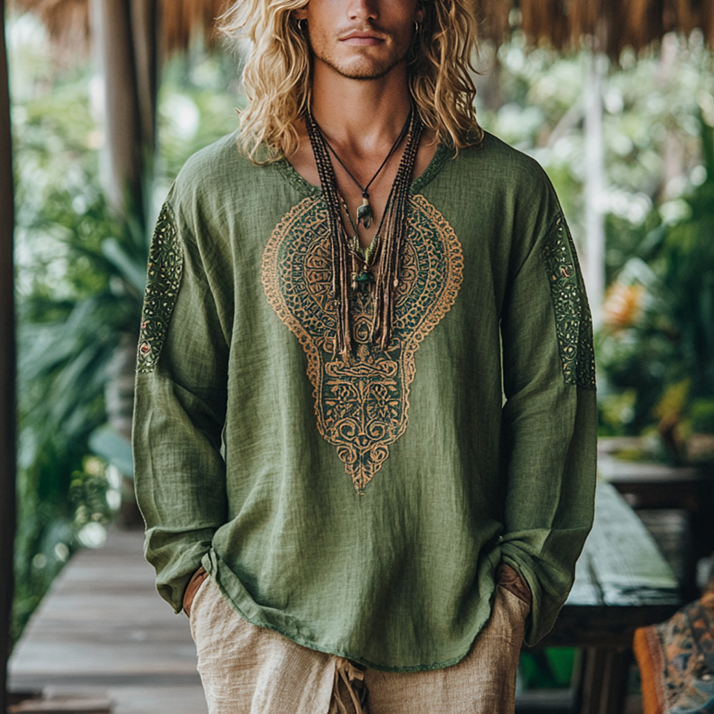 Men's Bohemian Holiday Style Vintage Linen Printed Casual Long Sleeve Top-Unitsen