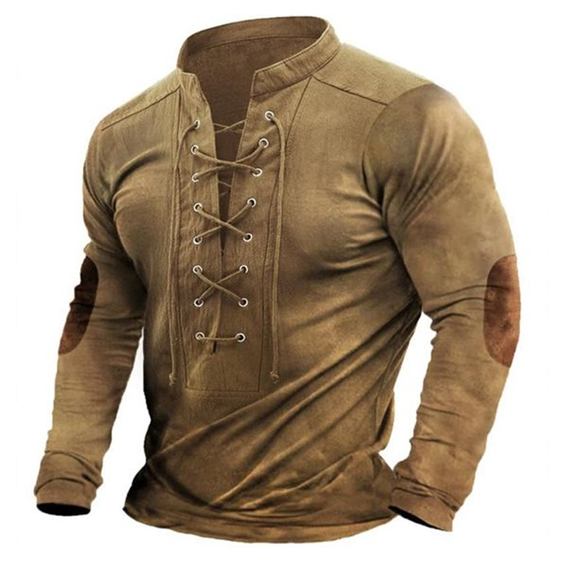 Men's Outdoor Suede Patchwork Drawstring Collar Long Sleeve T-Shirt-Unitsen
