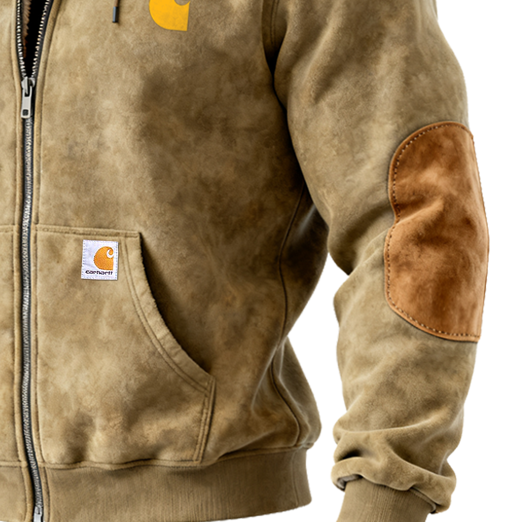 Men's Suede Splicing Zipper Cozy Hooded Sweatshirt With Reinforced Elbows For Winter Wear-Unitsen