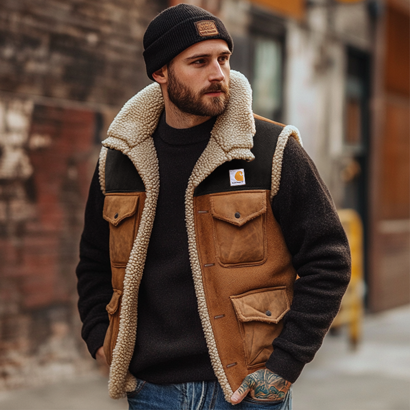 Men's Outdoor Vintage Lamb Wool Splicing Suede Vest Jacket-Unitsen