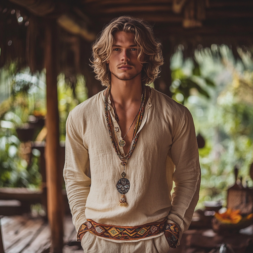 Men's Bohemian Holiday Style Vintage Linen Printed Casual Long Sleeve Top-Unitsen