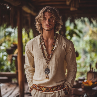 Men's Bohemian Holiday Style Vintage Linen Printed Casual Long Sleeve Top-Unitsen