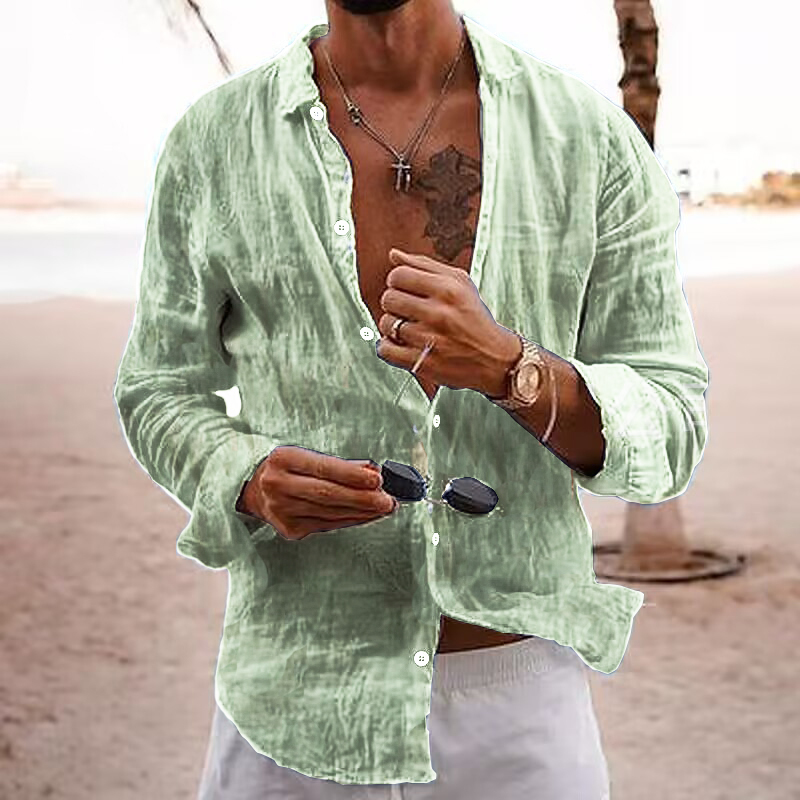 Men's Solid Color Lapel Casual Long Sleeve Cotton Linen Shirt-Unitsen