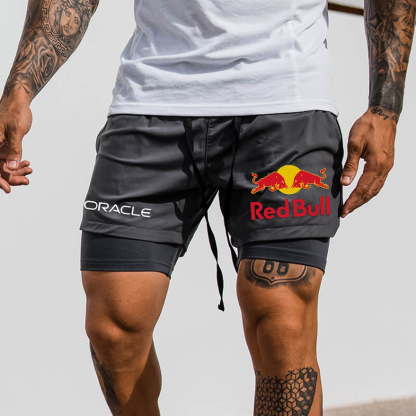 Men's Red Bull Print Double Layer Sports Shorts-Unitsen