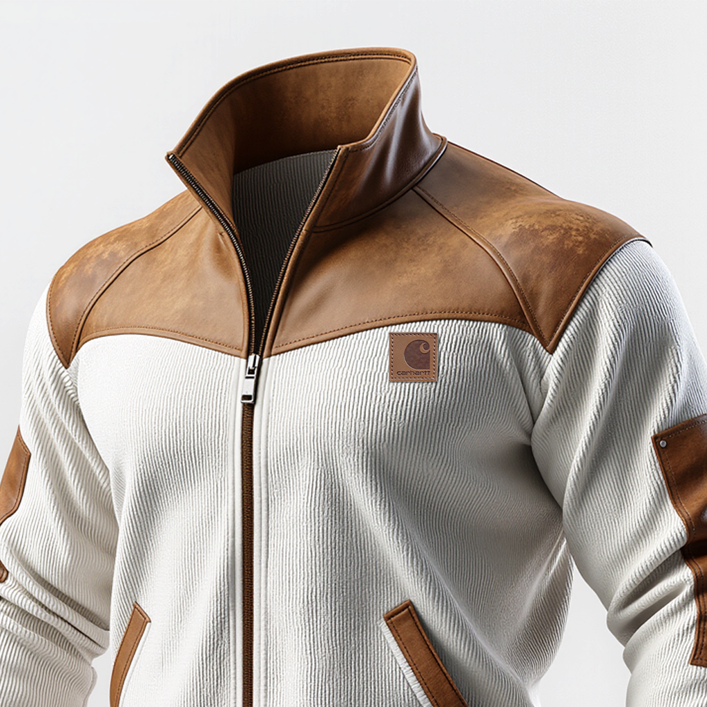 Brown And White Leather-Trimmed Fleece Jacket-Unitsen