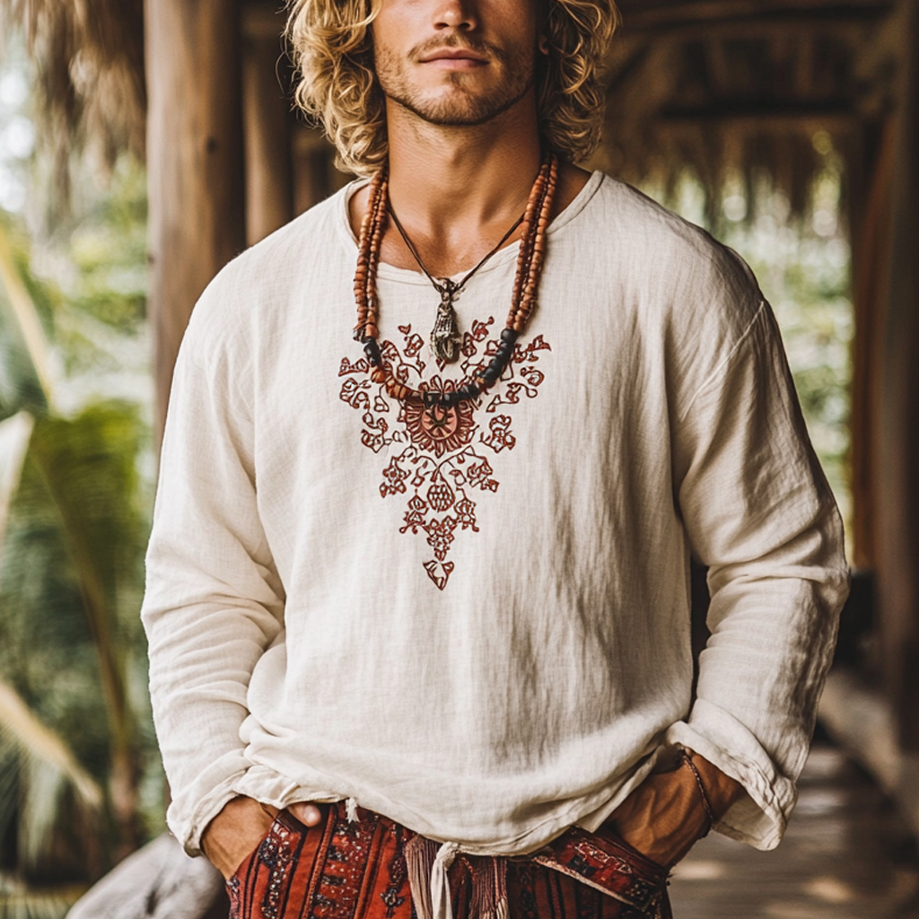 Men's Bohemian Holiday Style Vintage Linen Printed Casual Long Sleeve Top-Unitsen