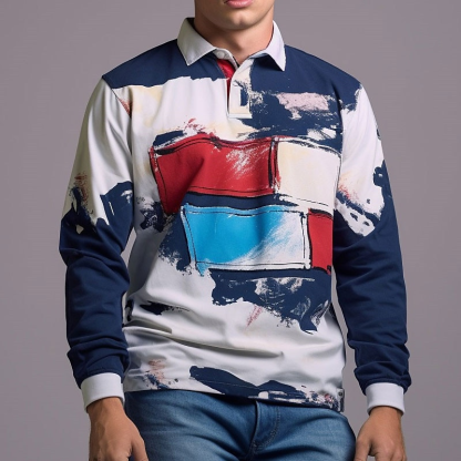 Stylish Abstract Print Long Sleeve Polo Shirt For Men - Perfect For Casual And Semi-Formal Occasions-Unitsen